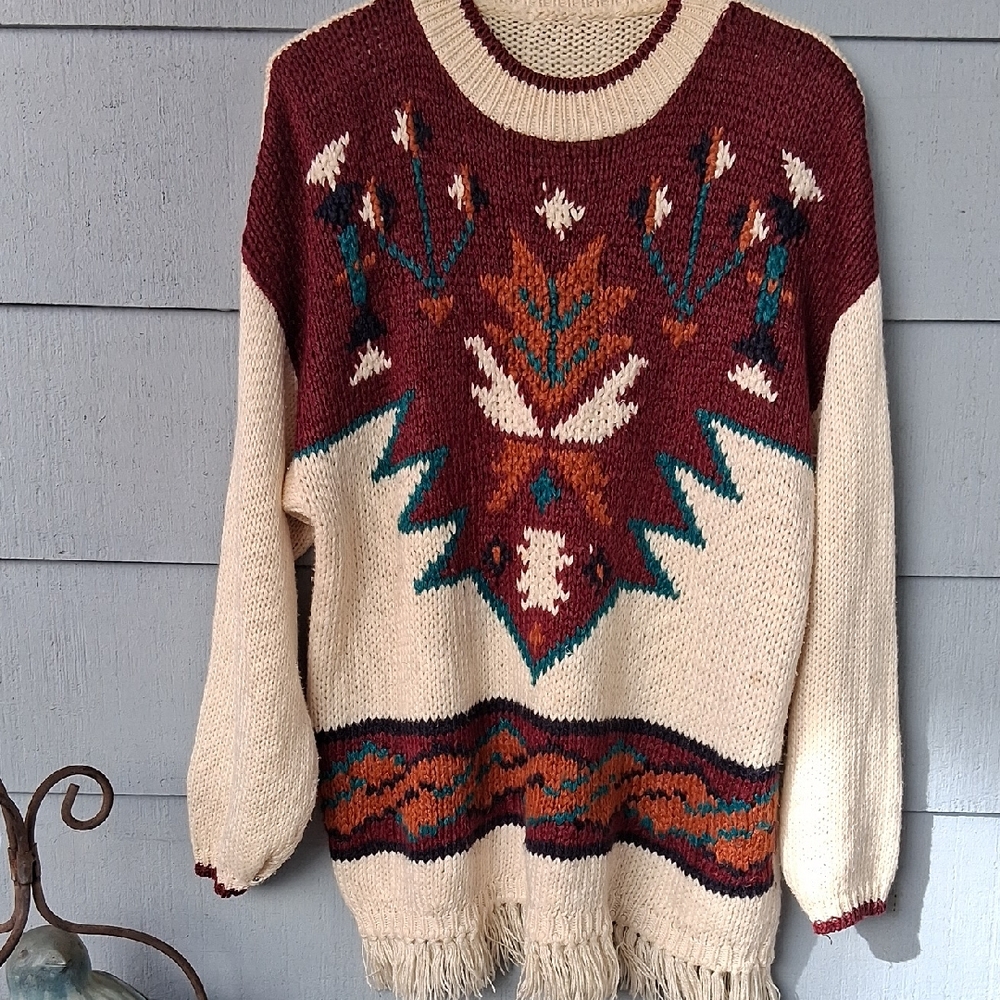Vintage Southwestern Sweater with Geometric Patterns and Fringe